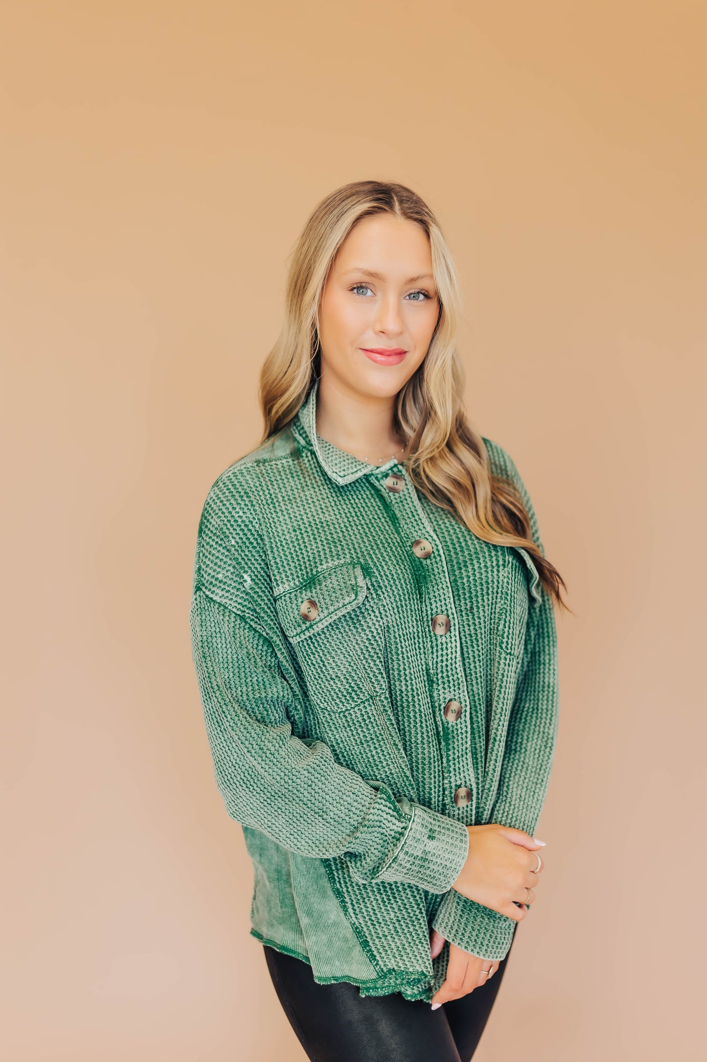 Winnie Waffle Button Top- Green