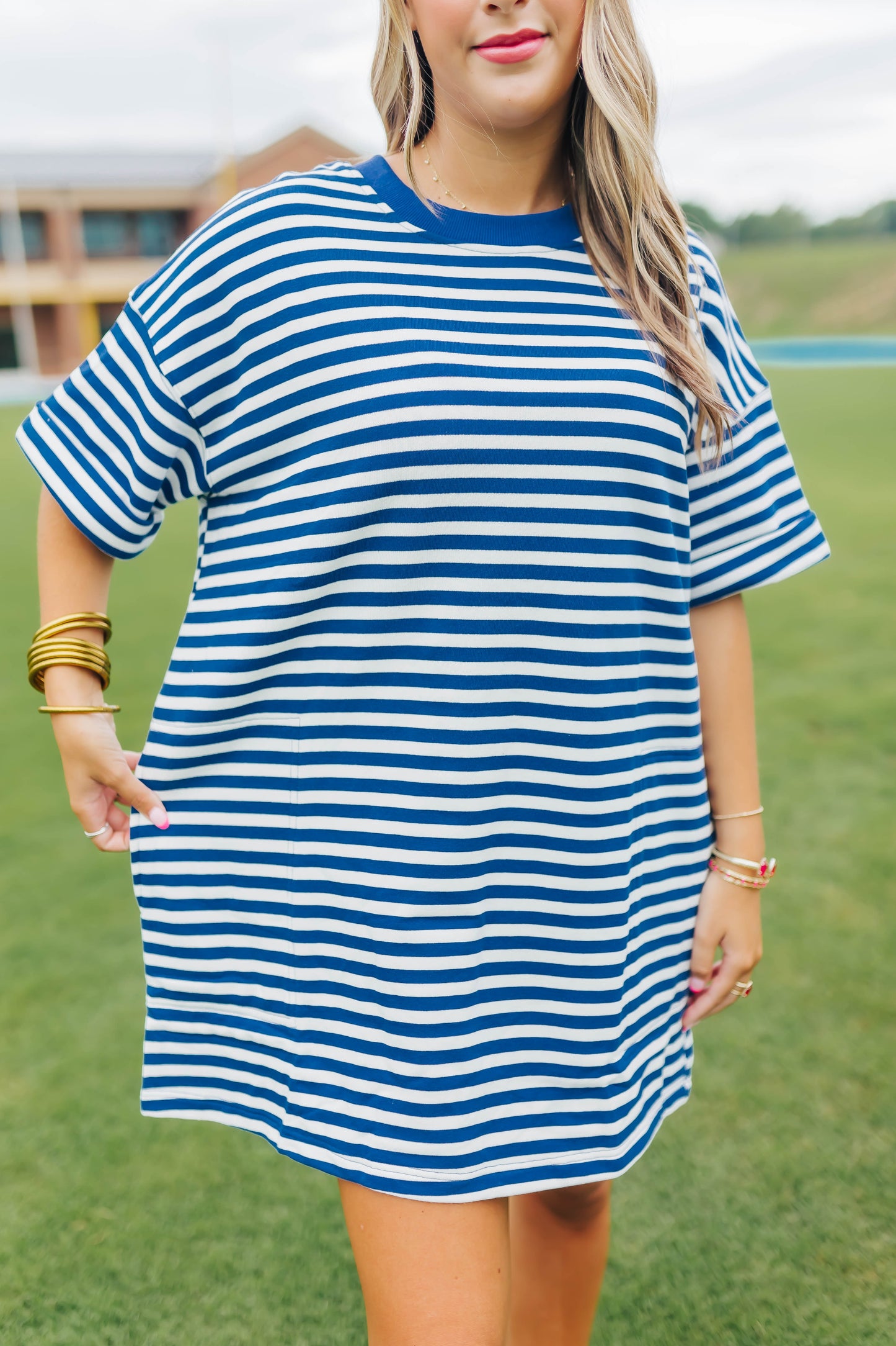 Game Time Striped Tee Dress - Ivory/Blue