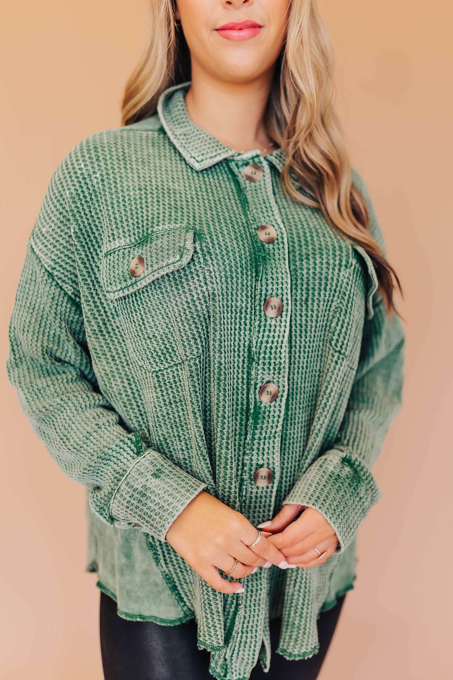 Winnie Waffle Button Top- Green