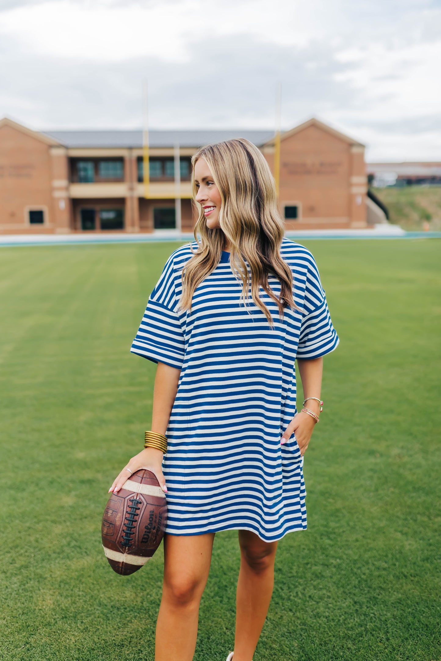 Game Time Striped Tee Dress - Ivory/Blue