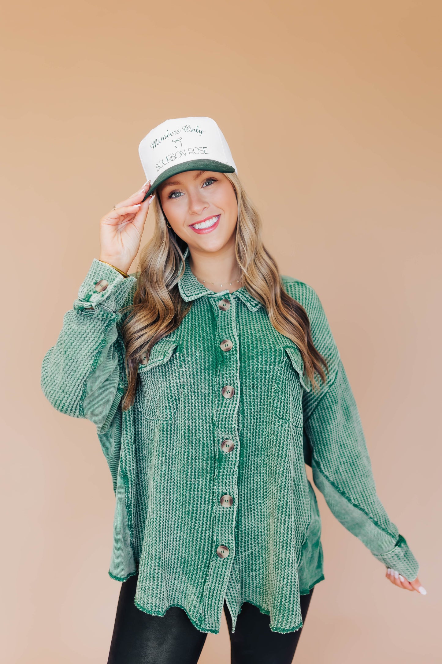 Winnie Waffle Button Top- Green