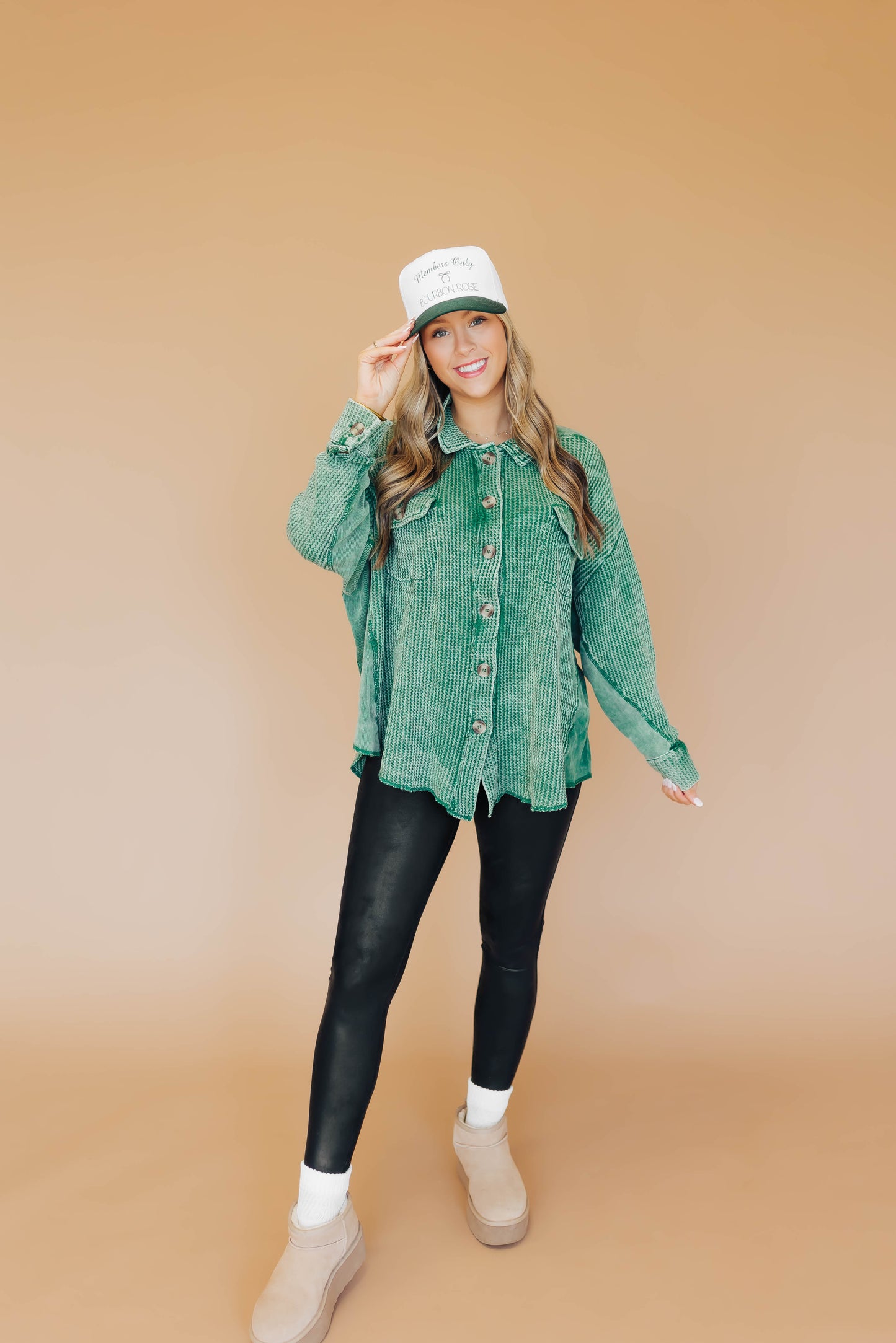 Winnie Waffle Button Top- Green