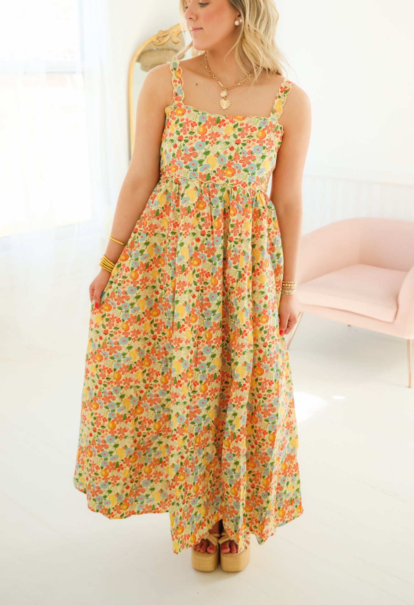 Lemon Scalloped Midi Dress