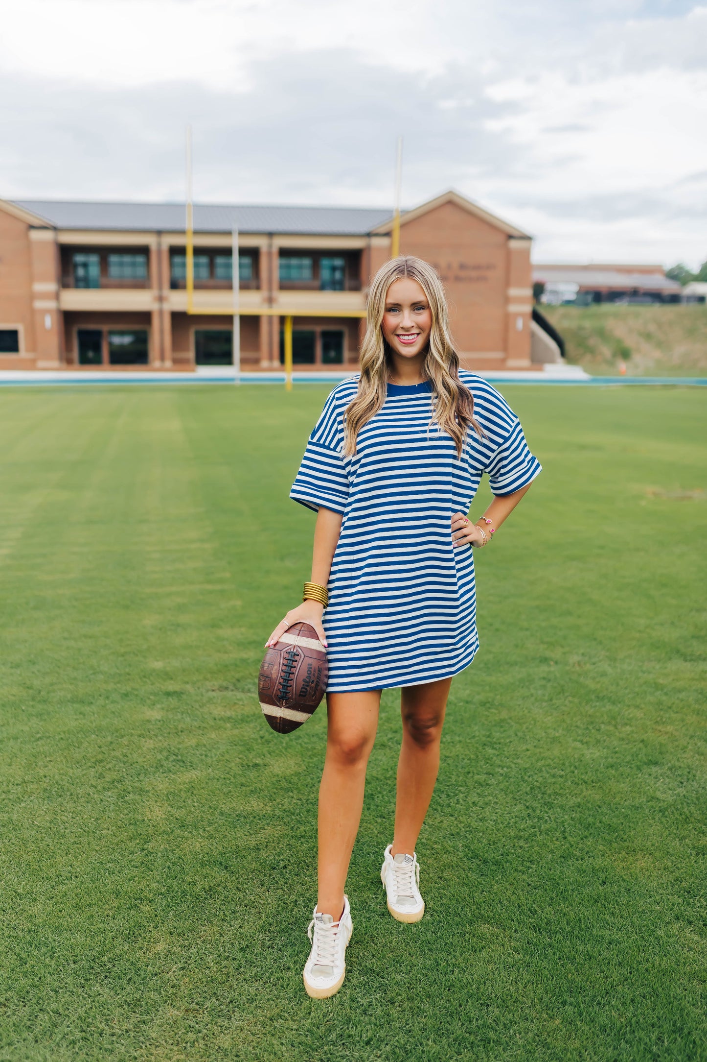 Game Time Striped Tee Dress - Ivory/Blue