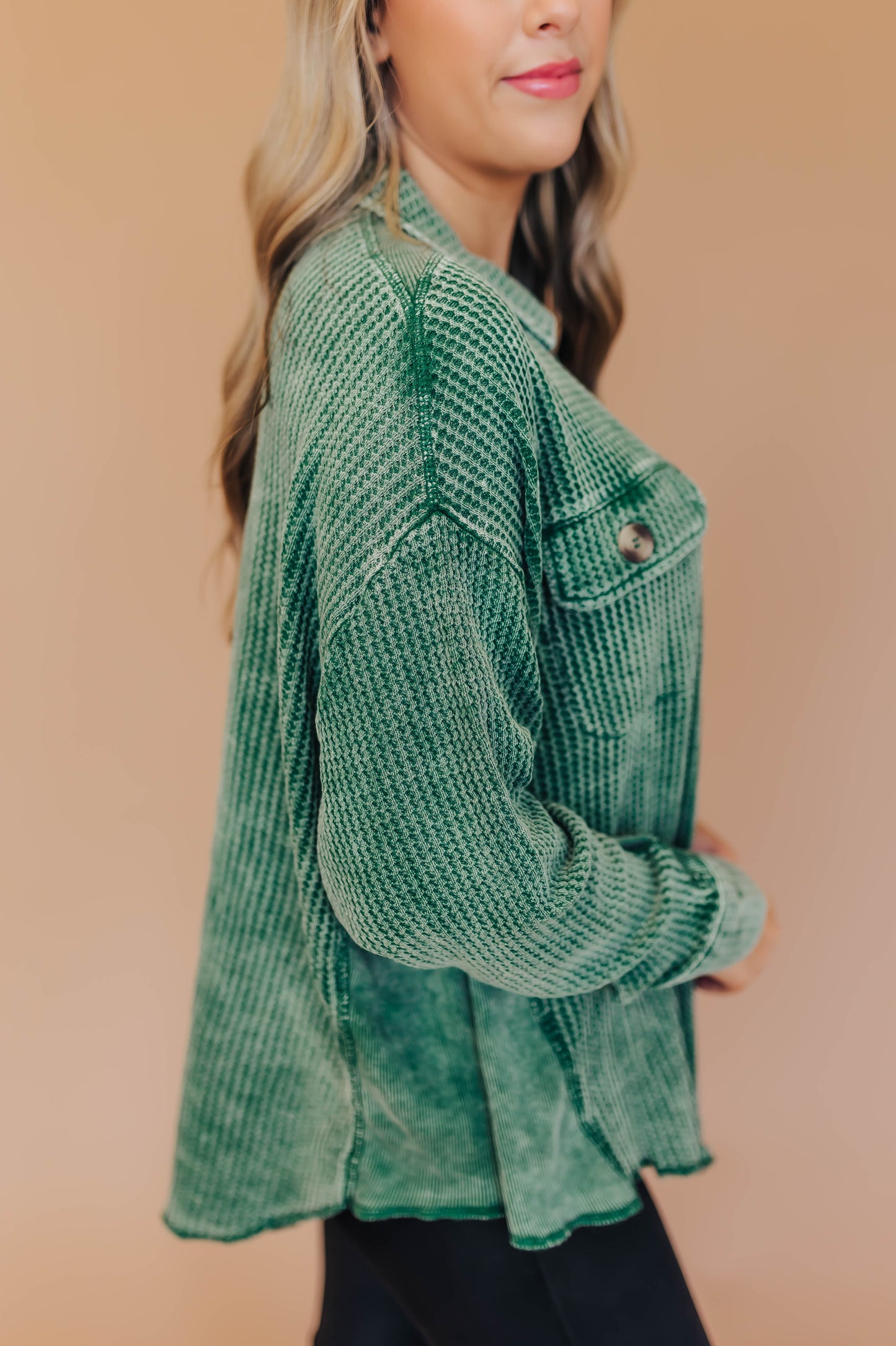 Winnie Waffle Button Top- Green
