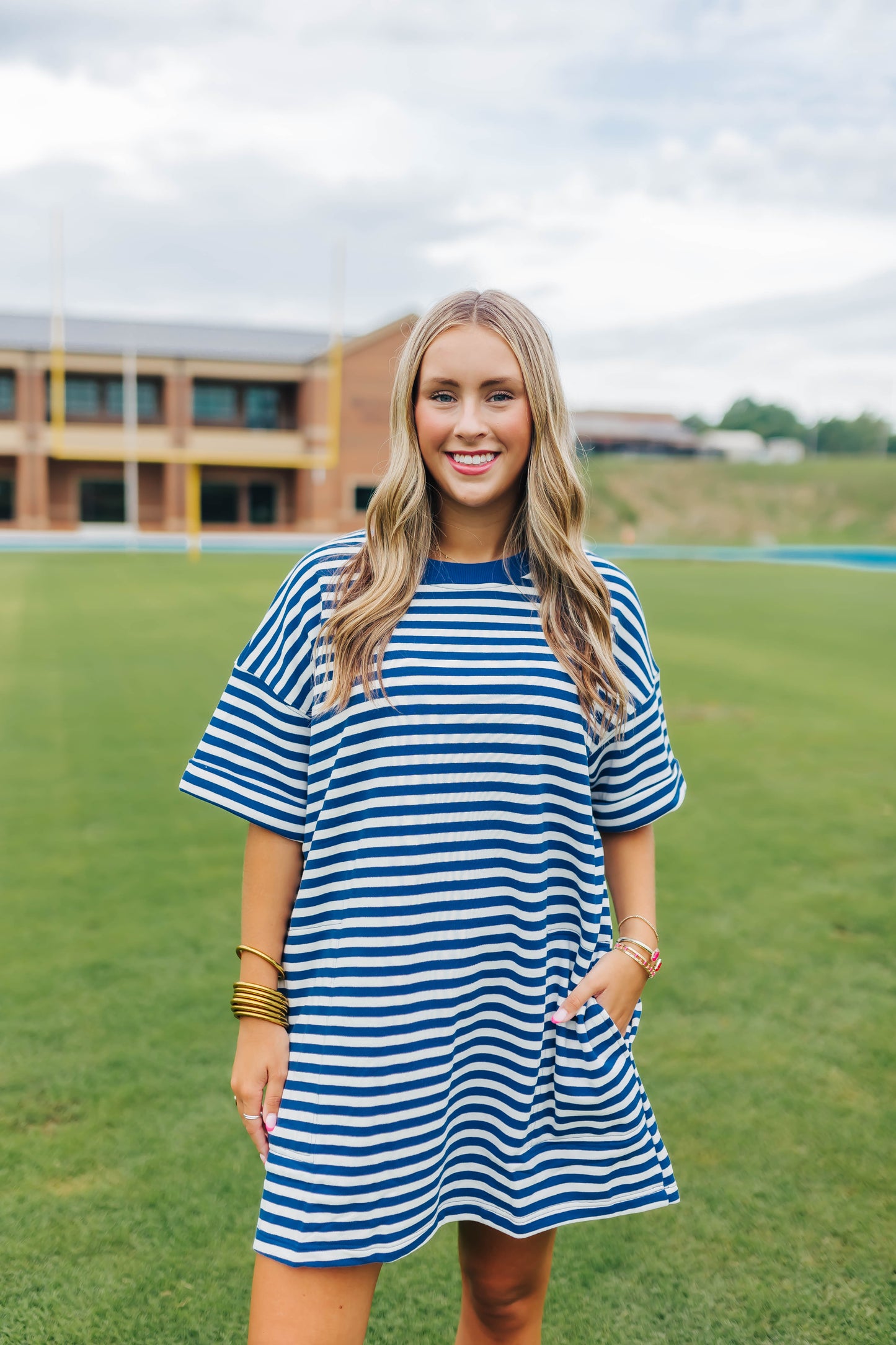 Game Time Striped Tee Dress - Ivory/Blue