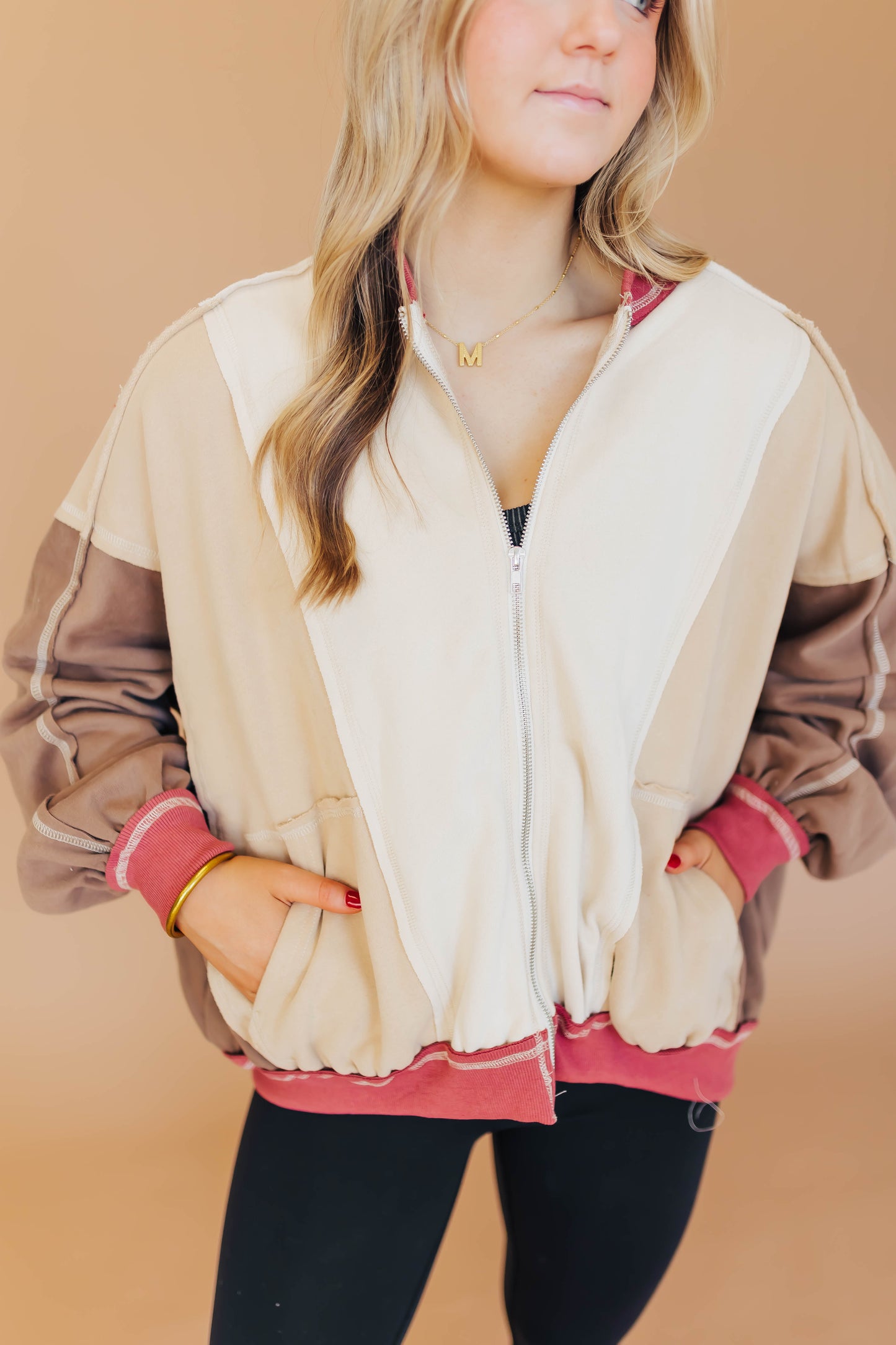 Rose Color Block Casual Jacket