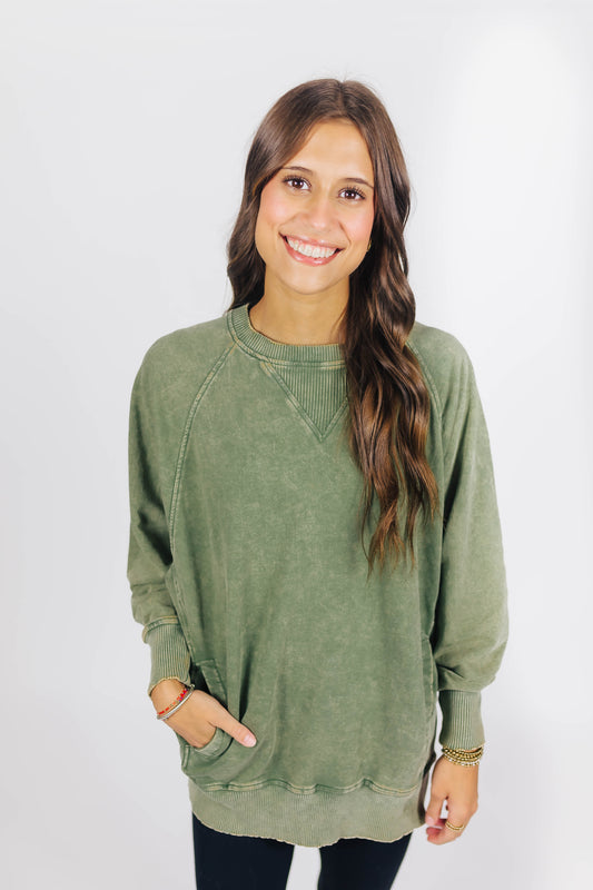 Olive Acid Washed Pullover