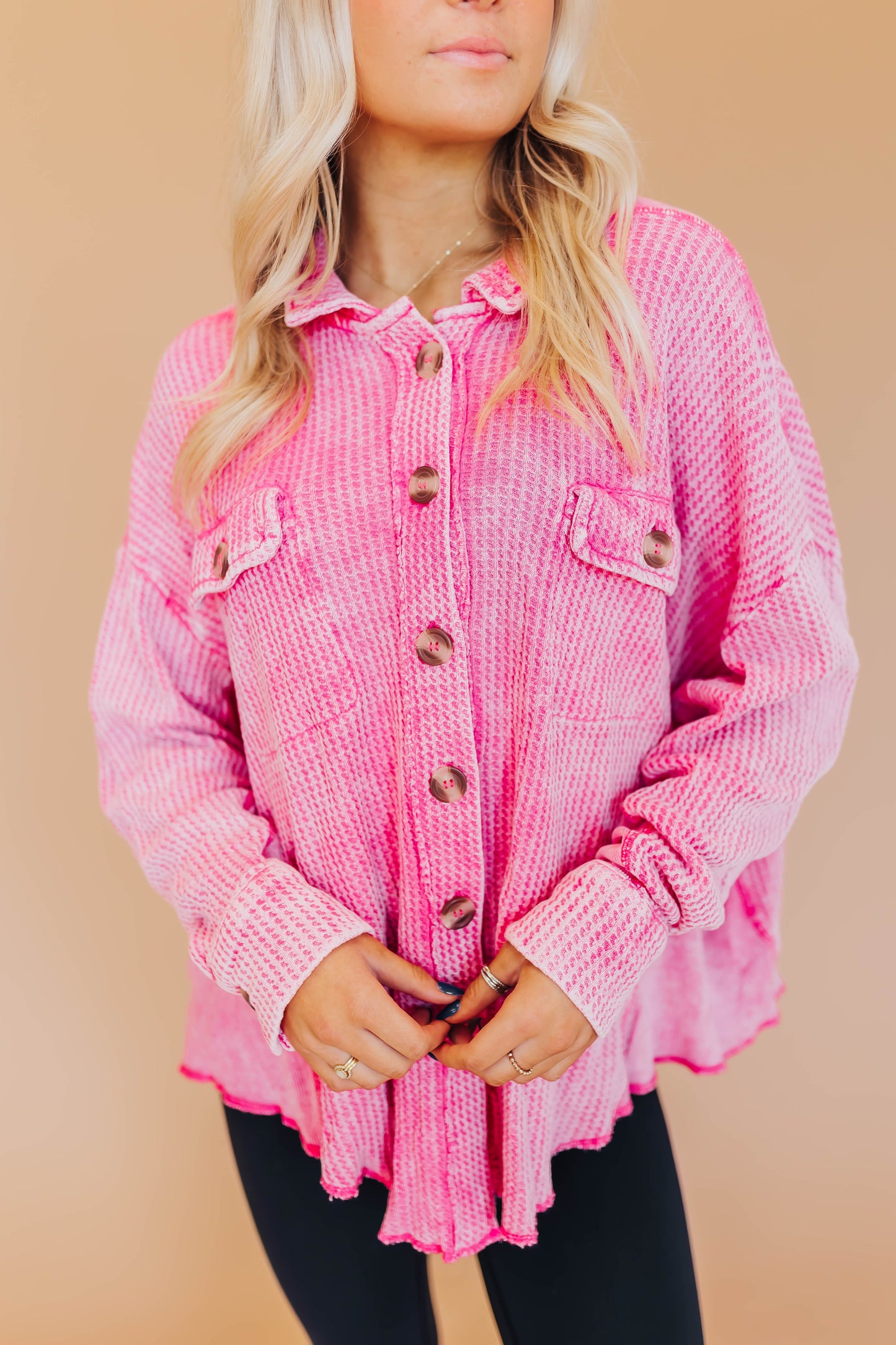 Winnie Waffle Button Top- Pink