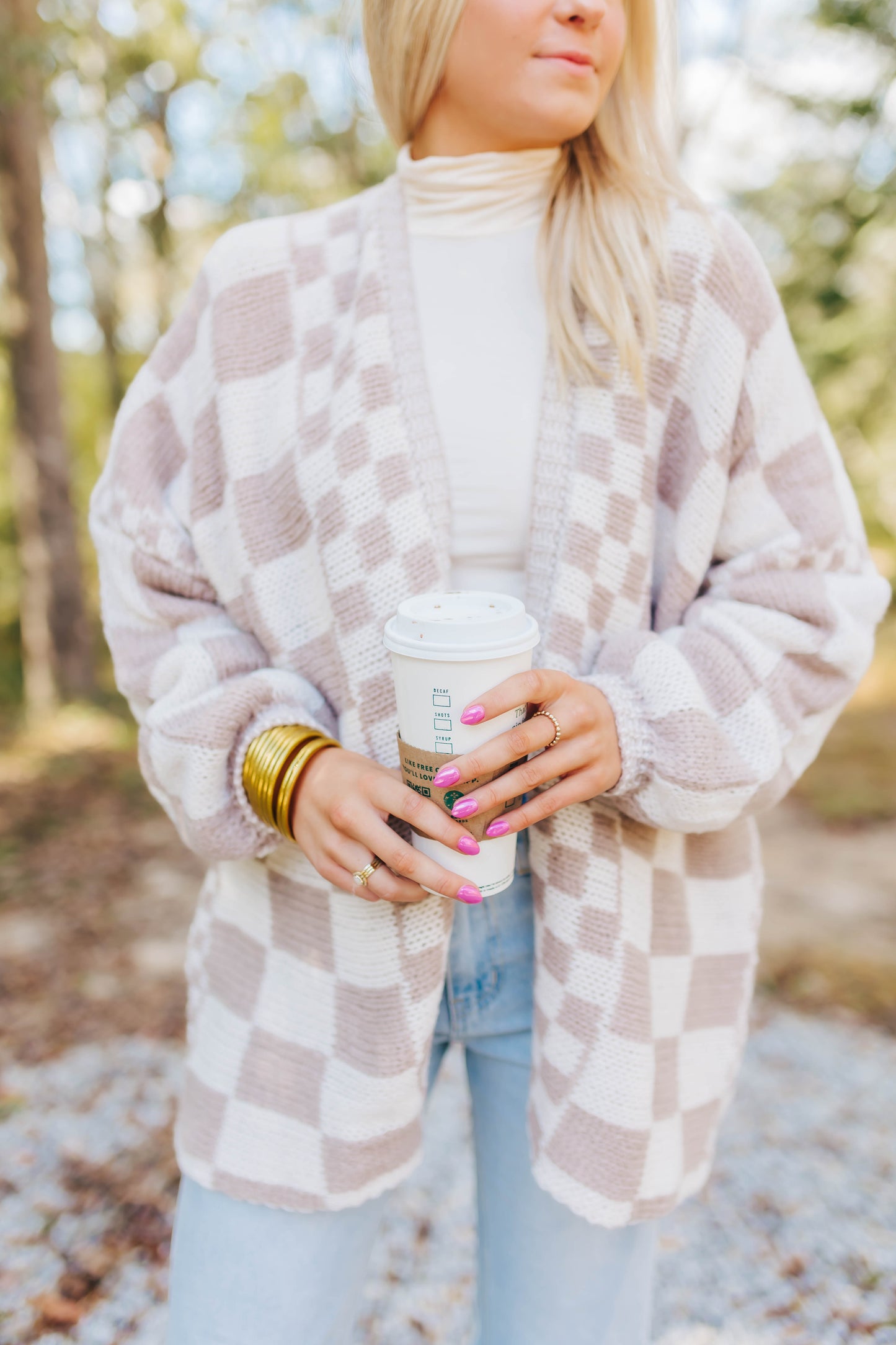 Khaki Checkered Knit Cardigan