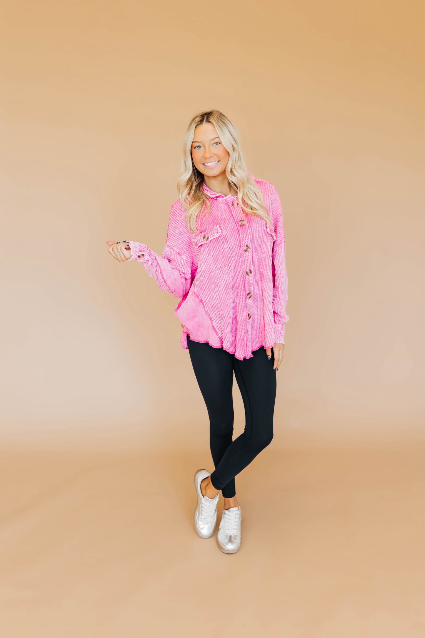 Winnie Waffle Button Top- Pink