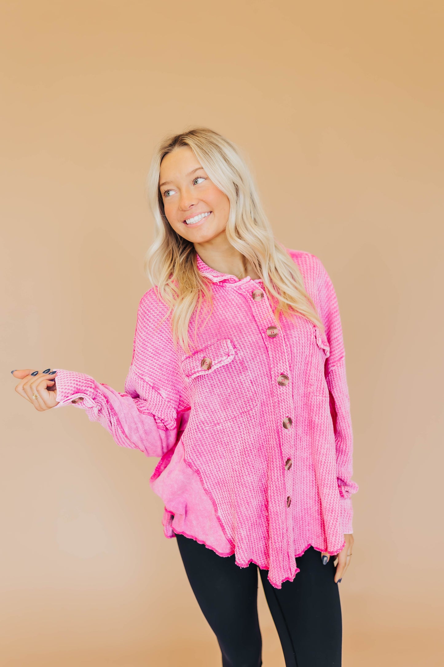 Winnie Waffle Button Top- Pink