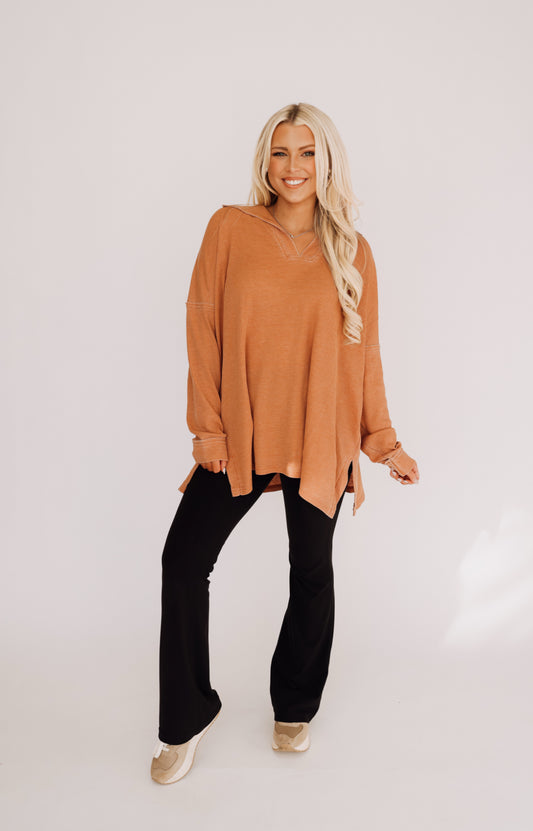 Burnt Amber Waffle-Knit Pullover