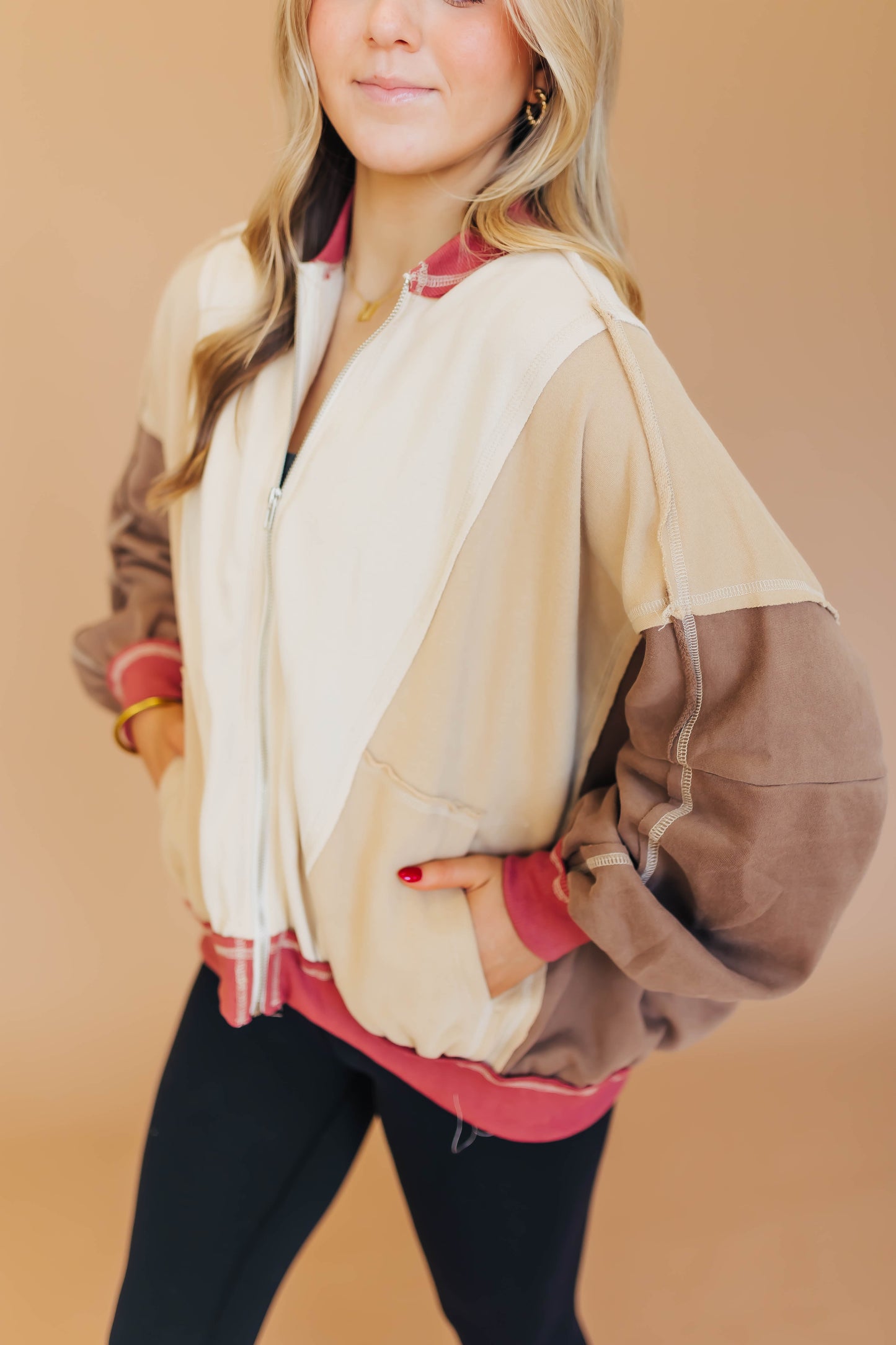 Rose Color Block Casual Jacket