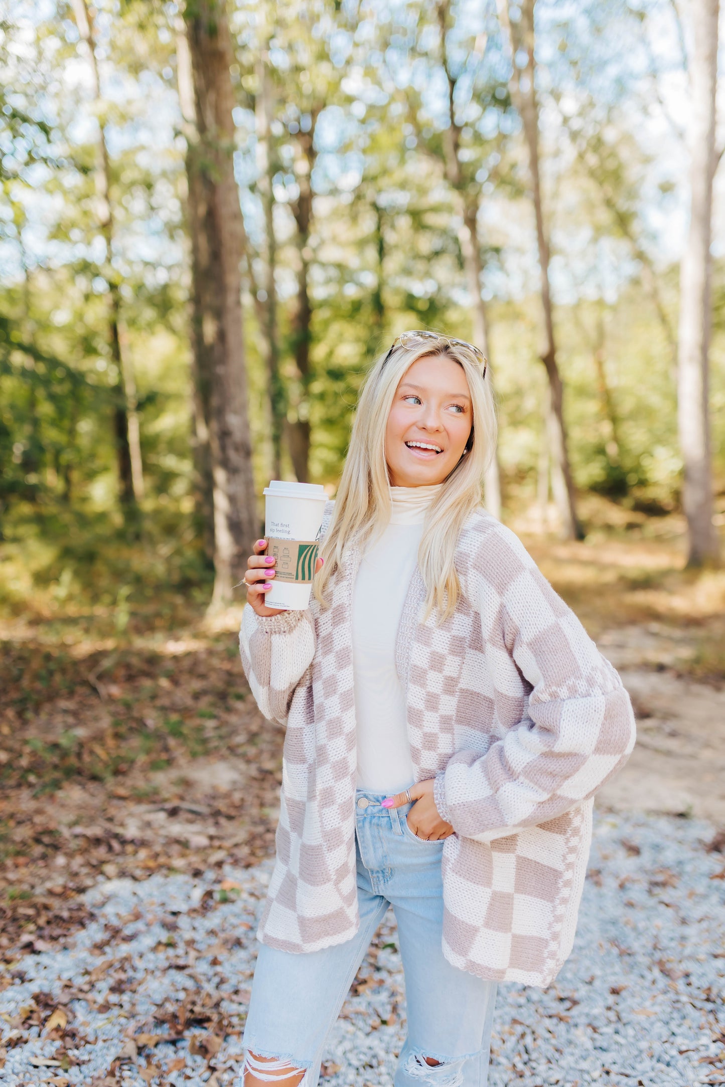 Khaki Checkered Knit Cardigan