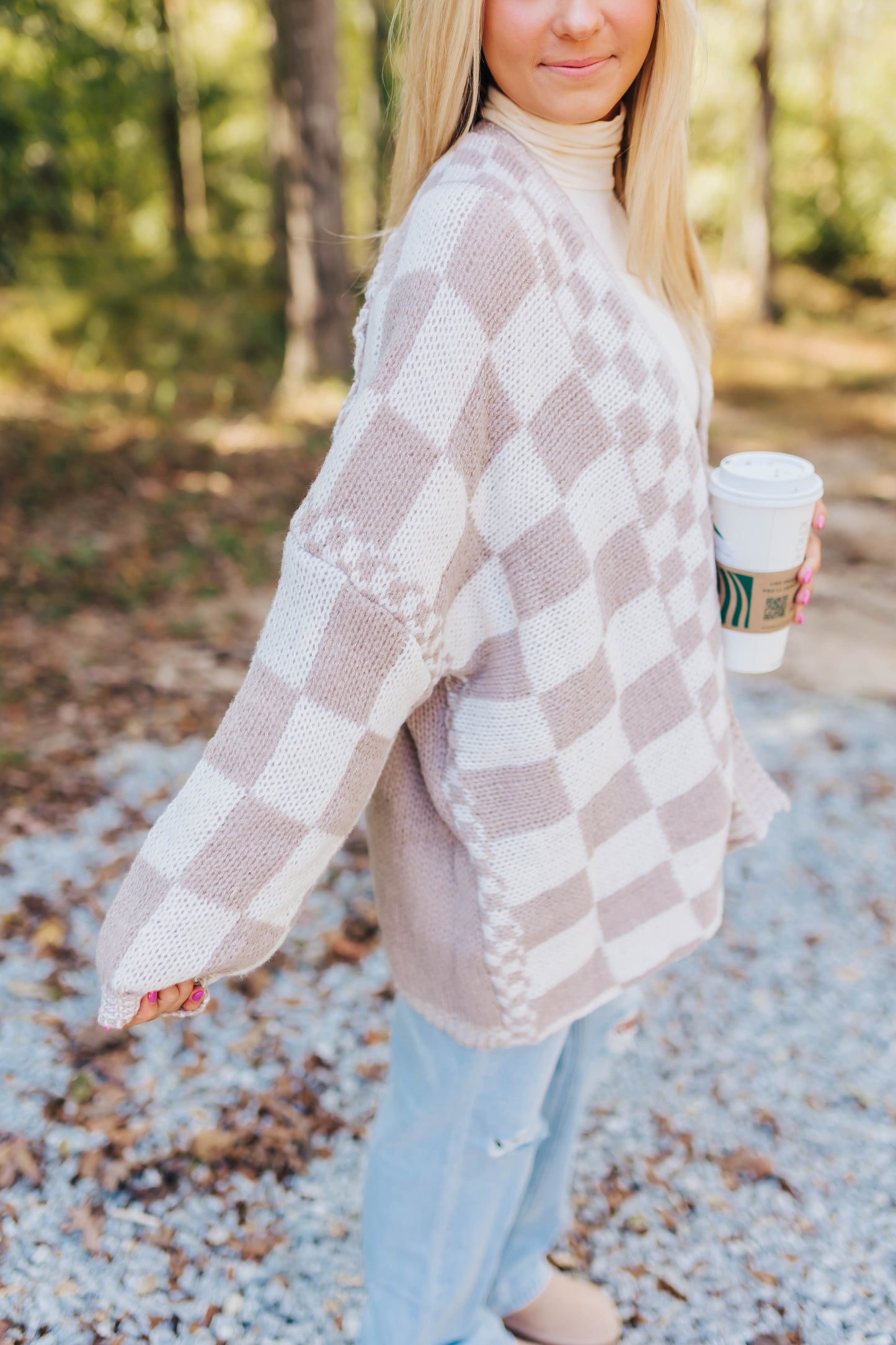 Khaki Checkered Knit Cardigan