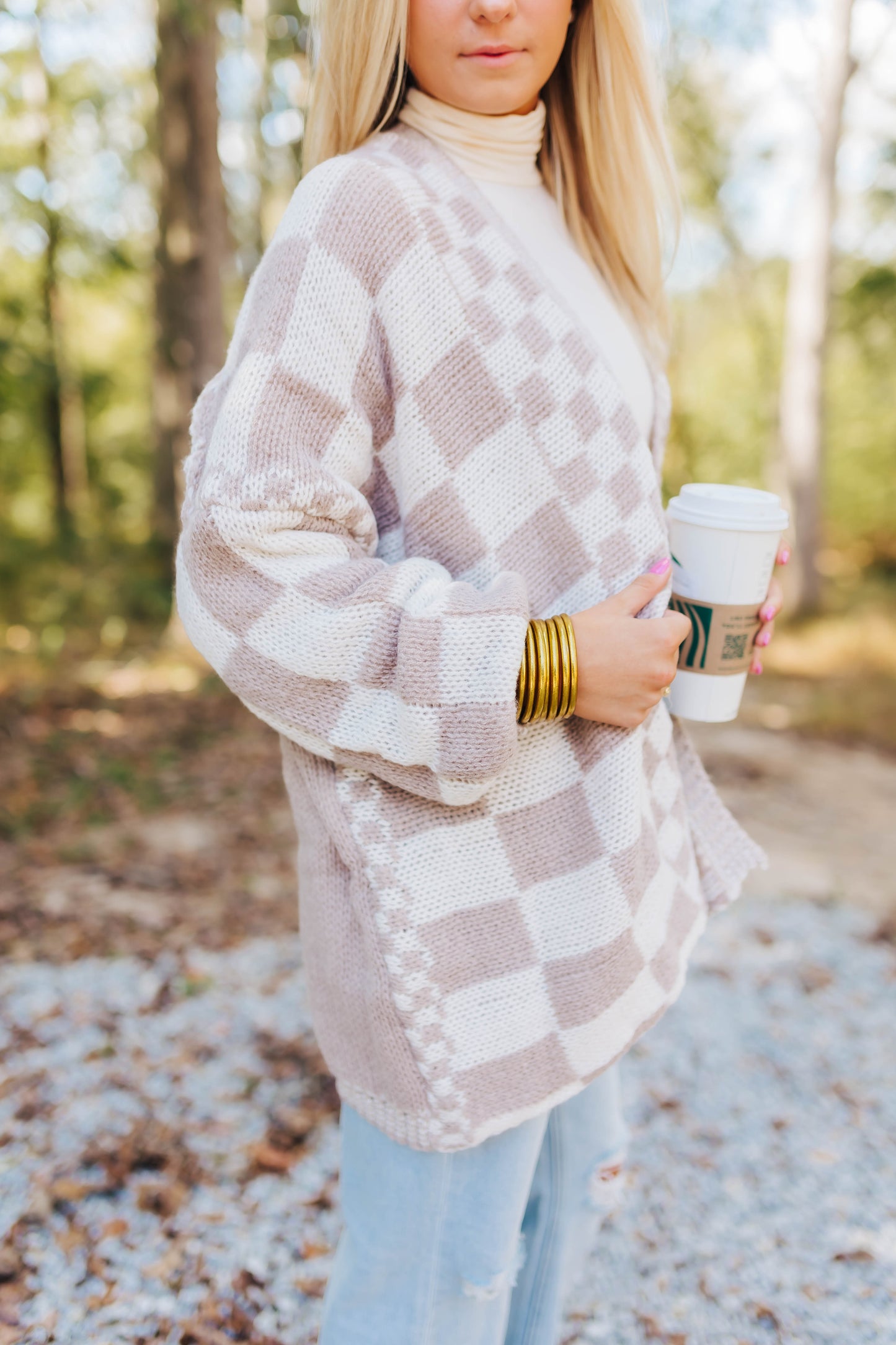 Khaki Checkered Knit Cardigan