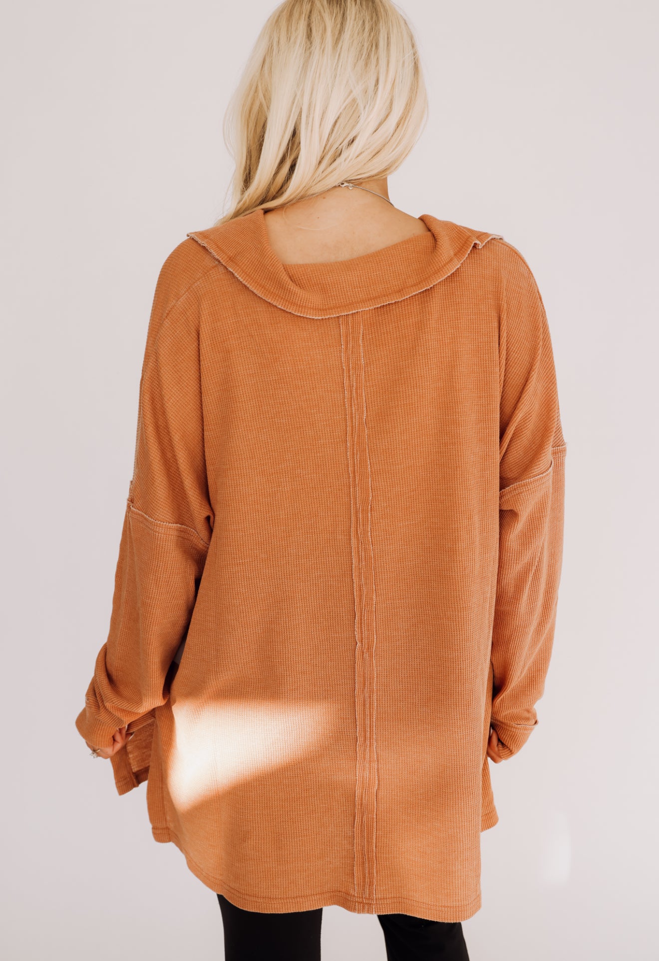 Burnt Amber Waffle-Knit Pullover