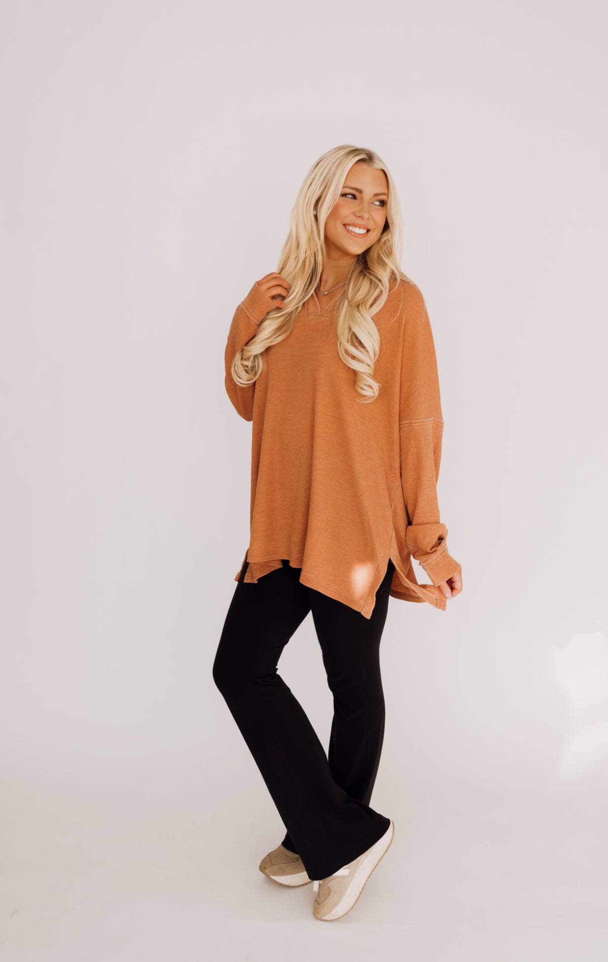 Burnt Amber Waffle-Knit Pullover